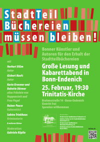 Plakat für Große Lesung und Kabarettabend in Bonn-Endenich am 25. Februar in der Trinitatis-Kirche